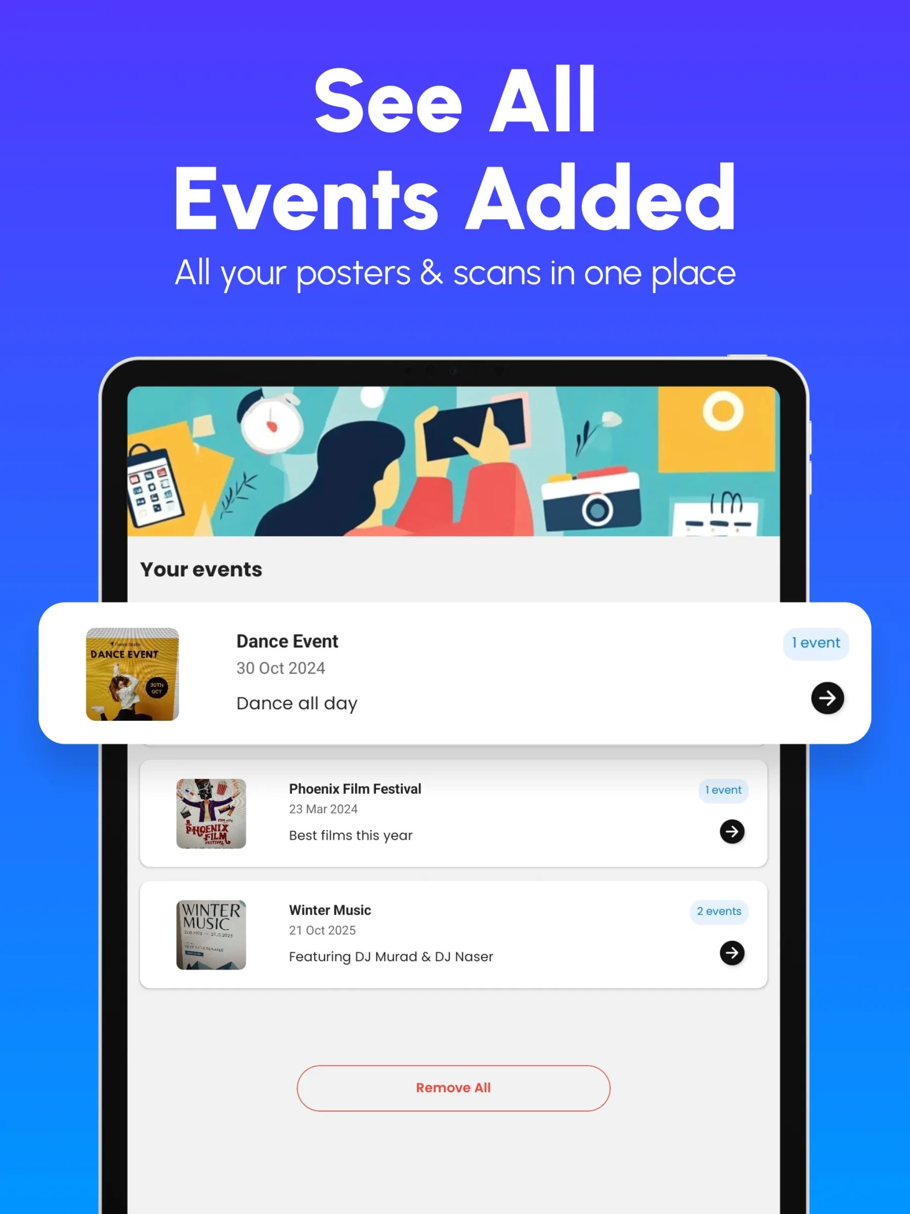 PosterSnap app screen with structured event information