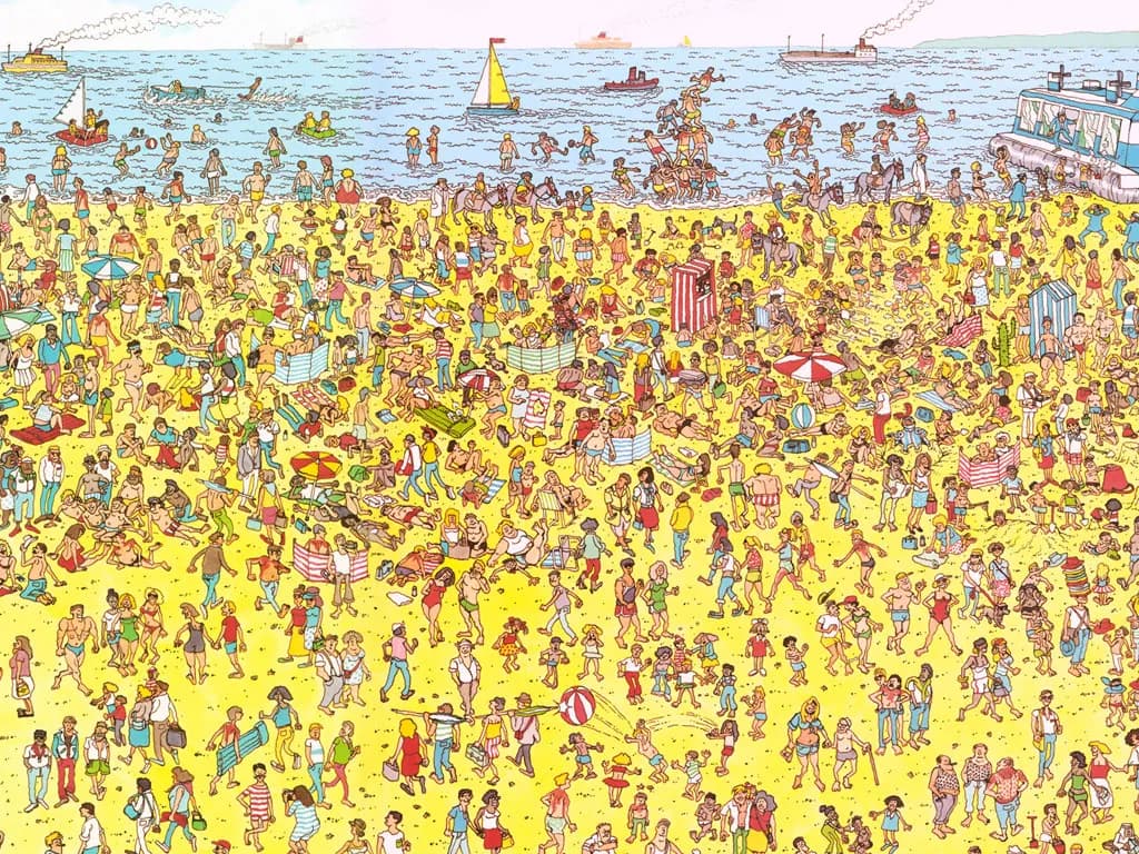 A busy Where is Wally beach scene where Wally is difficult to find